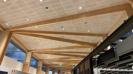 The light glulam frame has beams of up to 18 meters.