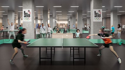 Utöver hallidrotter planeras utrymme för idrotter som bordtennis, dans, fäktning och judo. Visionsbild från White Arkitekter.