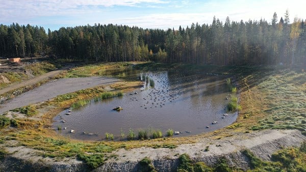 Drönarvy på den anlagda dagvattendammen.